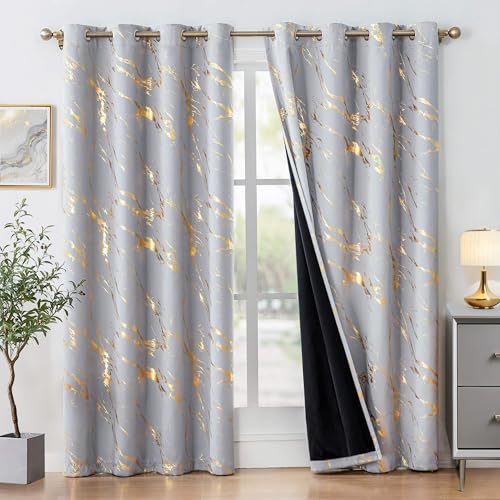 WUBODTI Grey Marble 100% Blackout Curtains 96 inch Bedroom Grommet 2 Panels | Gold and grey,metallic pattern,modern abstract,thermal insulated, room darkening,privacy,living room,window treatments,long - color: Grey and Gold, size: 52"W x 96"L (Pack of 2)