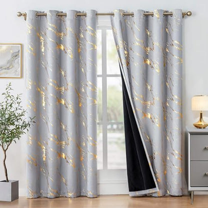 WUBODTI Grey Marble 100% Blackout Curtains 96 inch Bedroom Grommet 2 Panels | Gold and grey,metallic pattern,modern abstract,thermal insulated, room darkening,privacy,living room,window treatments - color: Grey and Gold, size: 52"W x 72"L (Pack of 2)