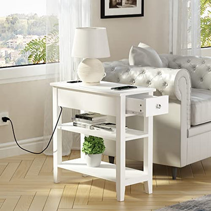 ChooChoo Narrow End Table with Charging Station and Drawer | Narrow End Table, 3-Tier Sofa End Table, Small Space, White - color: White