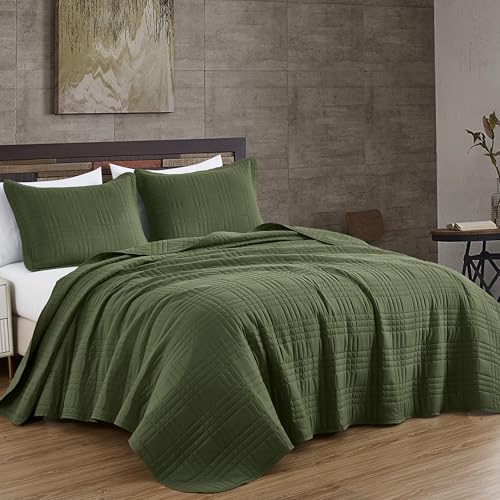 Chezmoi Collection Kingston King Size Bedspread Set, 3-Piece Olive Green Oversized Quilted Microfiber Lightweight Bedspread Coverlet (118"x106") for All Seasons - color: Olive Green, size: King