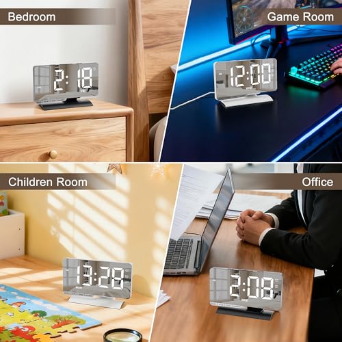 Digital Clock,Alarm Clock Bedside,7.3'' Large LED Mirror with Date Display,Dual Alarm with 3 Mode,Brightnee Adjust,DST,Snooze Function,USB C Charging Port,5 Levels Volume for Desk Bedroom Teens - color: White