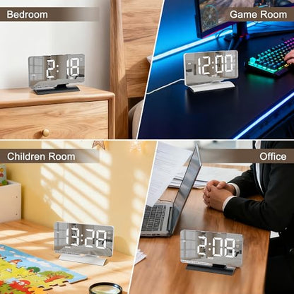 Digital Clock,Alarm Clock Bedside,7.3'' Large LED Mirror with Date Display,Dual Alarm with 3 Mode,Brightnee Adjust,DST,Snooze Function,USB C Charging Port,5 Levels Volume for Desk Bedroom Teens - color: Black