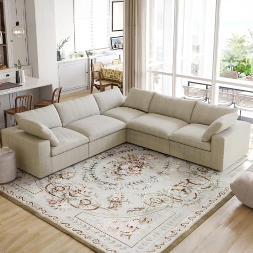 120" Cloud Modular Sofa, Convertible Modular V-Shaped Couch with Storage Ottoman, Cotton Linen Fabric Sofa for Living Room, Apartment and Bedroom, Removable Covers, 2 Pillows, Khaki - color: Khaki, size: V-Shape