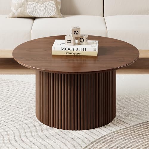 31.5" Round Coffee Table, Modern Fluted Accent Center Table with Metal Frame, Wooden Circle Coffee Tables for Living Room Small Space or Office (Walnut) - color: Walnut 31.5" Round