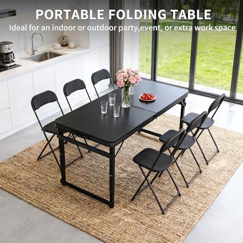 Folding Camping Table, Black Aluminum Frame,3-Position Adjustable Height,Lightweight Carry Handle, Portable for Travel, Camping Outdoor Use, 4FT x 2FT with Hole(Large), Black - size: 4 ft × 2 ft × 2.3 ft H, with Umbrella Hole