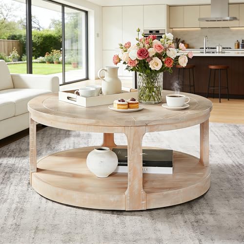 40" Round Wood Coffee Table, 2 Tier Modern Center Table with Roller Wheels,Solid Wood+MDF, Easy Assembly, Accent Table for Living Room, Apartment, Small Space.(Oak) - color: Oak