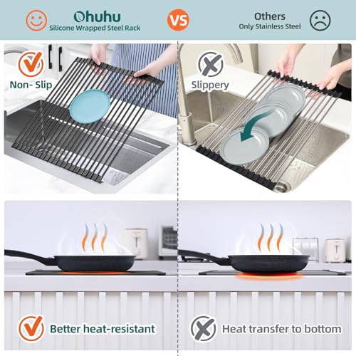 Ohuhu Over The Sink Dish Drainer Drying Rack, 17.6" W x 15.4" L Roll Up Dish Racks Kitchen Sink Organizer Silicone Wrapped Large in Sink Dish Drying Rack Foldable Rolling Drain Mats Anti-Slip - color: Black, size: 17.6"W x 15.4"L