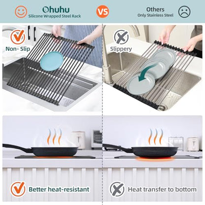 Ohuhu Over The Sink Dish Drainer Drying Rack, 17.6" W x 15.4" L Roll Up Dish Racks Kitchen Sink Organizer Silicone Wrapped Large in Sink Dish Drying Rack Foldable Rolling Drain Mats Anti-Slip - color: Black, size: 17.6"W x 15.4"L