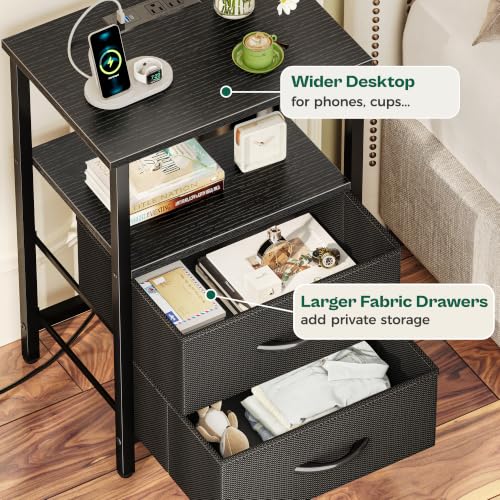 Huuger Night Stand with Charger Station and LED Lights, 2 Drawer Nightstand | Bed Side Table with Open ShelfEnd TableFabric Drawers for Bedroom, Black - color: Black, size: 11.8"D x 15.7"W x 23.6"H（2 Drawers）