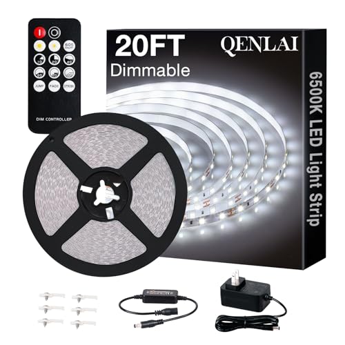 20ft White LED Strip Lights with Remote, 6500K Dimmable 12V LED Light Strip, 360 LEDs Flexible Cuttable Tape Lights for Bedroom Kitchen Cabinet Ceiling Lighting - size: 20ft-White Light Strip