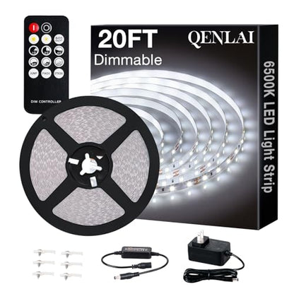 20ft White LED Strip Lights with Remote, 6500K Dimmable 12V LED Light Strip, 360 LEDs Flexible Cuttable Tape Lights for Bedroom Kitchen Cabinet Ceiling Lighting - size: 20ft-White Light Strip