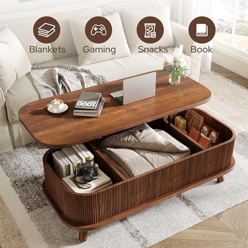 knoworld Fluted Lift Top Coffee Table with Storage, 47" Oval Coffee Table with 3-Partition Hidden Compartment, Mid Century Modern Wood Center Table for Living Room, Work & Dining from Sofa, Walnut