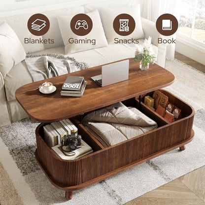knoworld Fluted Lift Top Coffee Table with Storage, 47" Oval Coffee Table with 3-Partition Hidden Compartment, Mid Century Modern Wood Center Table for Living Room, Work & Dining from Sofa, Walnut