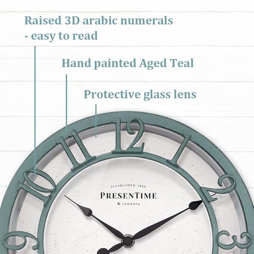 10" Farmhouse Series Wall Clock | Shiplap Style, Silent No Ticking, Raised 3D Arabic Numeral, Aged Teal Finish - color: Aged Teal Finish, size: 10 inch