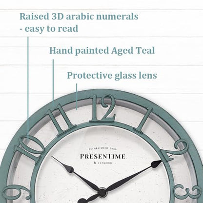 10" Farmhouse Series Wall Clock | Shiplap Style, Silent No Ticking, Raised 3D Arabic Numeral, Aged Teal Finish - color: Aged Teal Finish, size: 10 inch