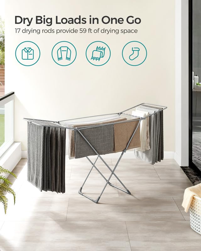 SONGMICS Clothes Drying Rack, Metal Laundry Drying Rack, Foldable, Space-Saving, Free-Standing Airer, with 2 Gullwings, Indoor Outdoor Use, Bed Linen Clothing, Gray ULLR540G01 - color: Gray, style: 2 Gullwings（19.7"D)