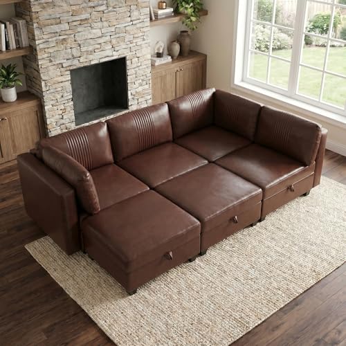 ERYE 99-Inch Oversized U Shaped Sectional Sofa 6 Seat Modular Storage Sofa Couch W/Deep Seat,Pet Friendly Faux Leather Upholstered Convertible Sleeper Sectional Couch with Ottomans - color: Dark Brown 99"