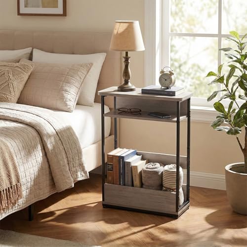 Narrow Side Table,3-Tier Slim End Table with Storage Shelf,Modern Sofa Table Thin Side Table for Narrow and Small Spaces, Skinny Bedside Table Small Nightstand with Magazine Rack Space Saving/Oak - color: Oak