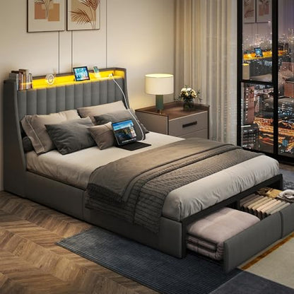 SADENICEL Queen Bed Frame with 2 Storage Drawer, Queen Size Bed Frame, Grey | Headboard with Charging Station and LED Lights, Metal Platform Bed with Storage Shelf, Noise Free, No Box Spring Needed - size: Queen, style: Channel Tufted & 2 Storage Drawers