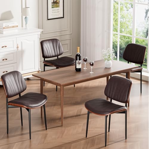 Dining Chairs Set of 2, Mid-Century Modern Upholstered PU Leather Chairs | with Walnut Bentwood Back and Metal Legs Adjustable Feet for Kitchen Dining Room, Dark Brown Shell Strips - color: Dark Brown Shell Strips