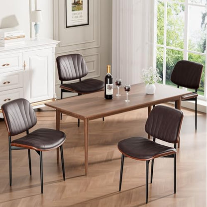 Dining Chairs Set of 2, Mid-Century Modern Upholstered PU Leather Chairs | with Walnut Bentwood Back and Metal Legs Adjustable Feet for Kitchen Dining Room, Dark Brown Shell Strips - color: Dark Brown Shell Strips