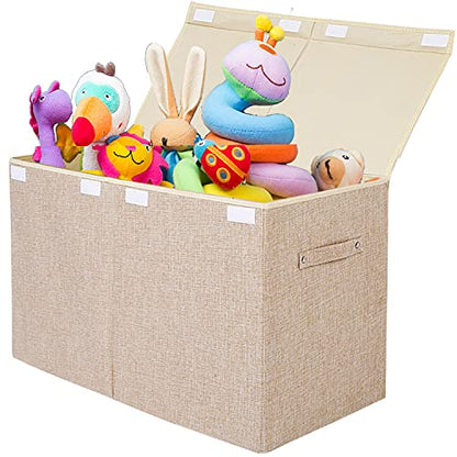 Large Toy Box Chest Storage with Flip-Top Lid, Kids Toy Storage Bin Boxes | Toy Chest with Rivets Handles for Kids, Boys, Girls, Nursery, Playroom, Living Room, Bedroom, 25"x 13" x 16" (Linen Beige) - color: Large Beige