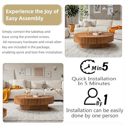 Oval Drum Fluted Coffee Table (E) | Modern Wood Coffee Table with Circle Pedestal Center Tables Fluted Accent Tea Tables for Apartment Living Room - color: E