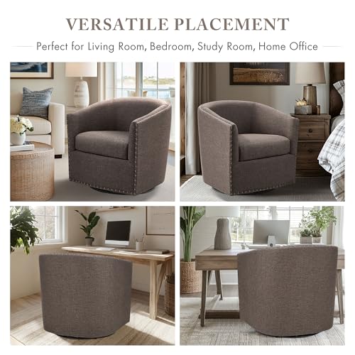 Madison Park Swivel Barrel Accent Chair, Upholstered Curved Back with 7-Inch Thick Woven Cushion, 360° Swivel, Nailhead Trim, Comfy Chair for Living Room, Bedroom, Office, 28" Wide, Chocolate, Tyler - color: Chocolate