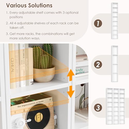 FOTOSOK 2 Pcs 71'' Tall Narrow Bookshelf, 8-Tier Media Tower Rack Set of 2 | CD DVD Storage Cabinet with Adjustable Shelves, Tall Narrow Bookcase Skinny Display Bookshelf Slim Shelf, White - color: White