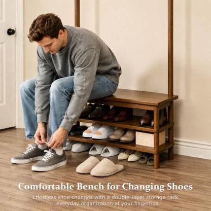 Hall Tree Bench Shoe Storage Organizer 11 Hooks, Mudroom hallway entryway, Freestanding durable construction, Family daily use, Space saving - size: 27.2" Long
