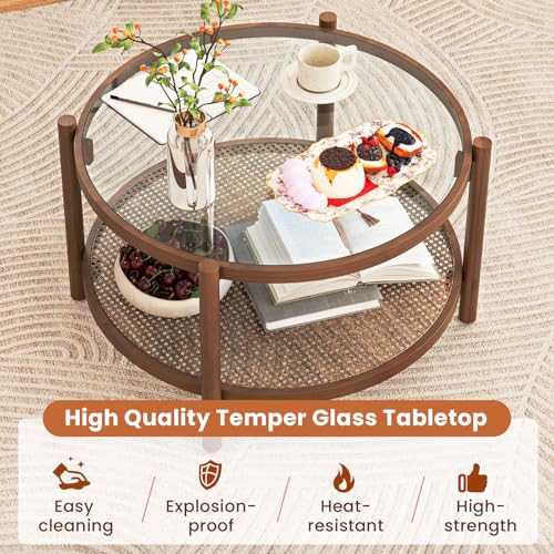 GIANTEX Rattan Coffee Table, Boho Round Glass Tea Table with PE Rattan Storage Shelf & Wood Frame, 2 Tier Accent Center Table for Living Room, Apartment, Small Space - color: Brown