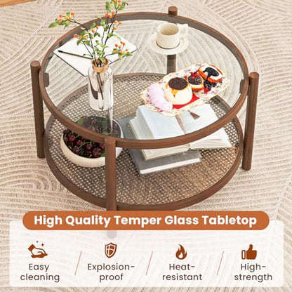 GIANTEX Rattan Coffee Table, Boho Round Glass Tea Table with PE Rattan Storage Shelf & Wood Frame, 2 Tier Accent Center Table for Living Room, Apartment, Small Space - color: Brown
