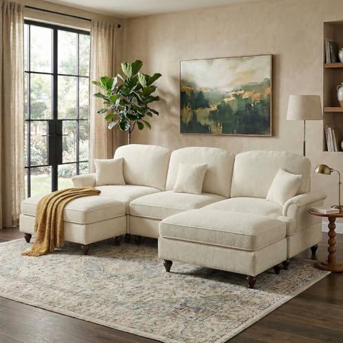 Modular Sectional Sofa Couch, Comfy Chenille Sofa with Removable Ruffled Skirt, Flared Armrests, Sturdy Legs, Convertible Sectional for Living Room, Bedroom, Apartment (Beige) - color: Beige, size: 107.1 Inch U