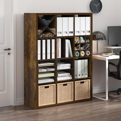 Furinno Cubicle Book Shelf, 12-Cube Bookshelf, Extra Thick Frame Reversible Bookcase with Open Back, 14.6" x 44" x 58", for Living Room, Bedroom, Home Office, Amber Pine - color: Amber Pine, size: 12-Cube