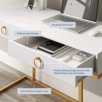 BELLEZE Vanity Desk with 2 Drawers, 45 Inch Computer Desk Mordern Vanity Makeup Dressing Table Home Office Desk Laptop Study Writing Table with Gold Metal Frame, White - color: White, size: 45" L Shape