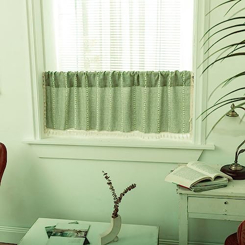 Deeprove Sage Green Boho Curtain Tassel Valance for Cafe Kitchen Closet Garden Decor, Bohemian Farmhouse Cream Cotton Linen Short Panel French Country Window Treatments Tier Panel, W52 x L18, 1 Piece - color: Sage Green, size: 52"W x 18"L (Pack of 1)