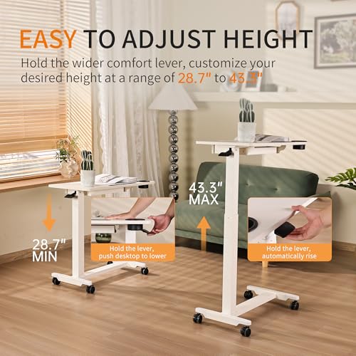 Adjustable Hospital Overbed Table with Drawer, Wheels, Cup Holder | Adjustable Height Rolling Laptop Over Bed Desk, Portable Medical Bedside Tray with Storage, Slot, Pneumatic Home Cart| White - color: White
