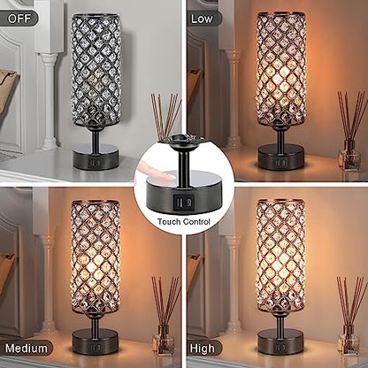 Black Crystal Touch Lamp with USB-C/A, 3-Dim Dimmable for Bedroom, Modern | Table Lamp, Bedside Lamp, Small Touch Light for Living Room Bedroom, Charge Phone, Bulb Included, Crystal Lampshade - color: Black