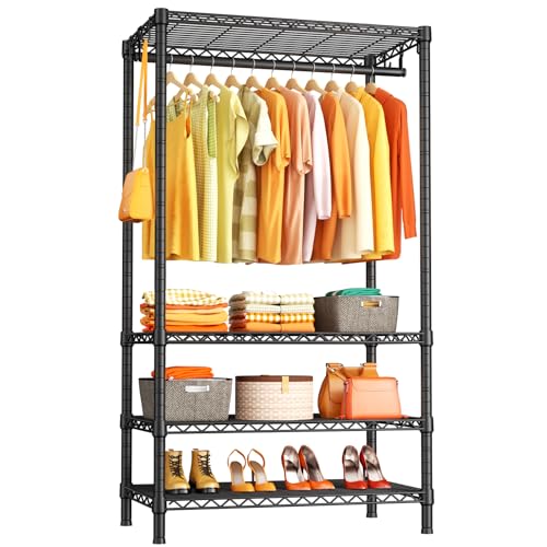 H4 Portable Closets, 4-Tier Metal Clothes Garment Rack for Bedroom and Cloakroom, Clothing Closet Storage and Organizer Wardrobe, 35.4" W x 14" D x 76.4" H, Black | Black Freestanding Clothing Closet Storage and Organizer Wardrobe for Apartment and Cloakr