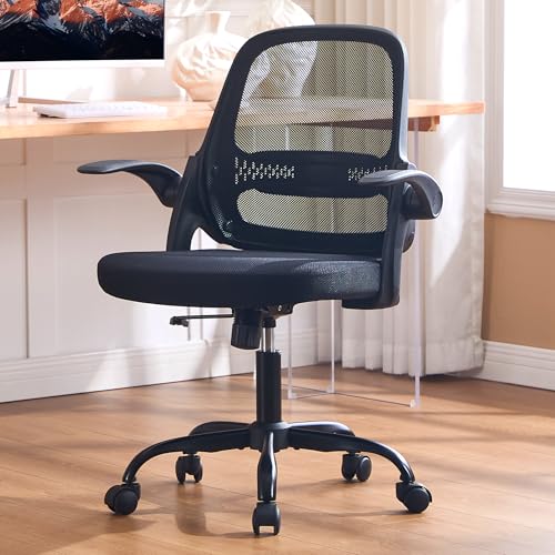 amseatec Ergonomic Mesh Desk Chair with Flip-Up Arms, Supports 300 lbs | Aerospace-grade frame, Mesh & 3" foam seat. 90-110° rocking, height adjustable, 360° swivel. - color: Black