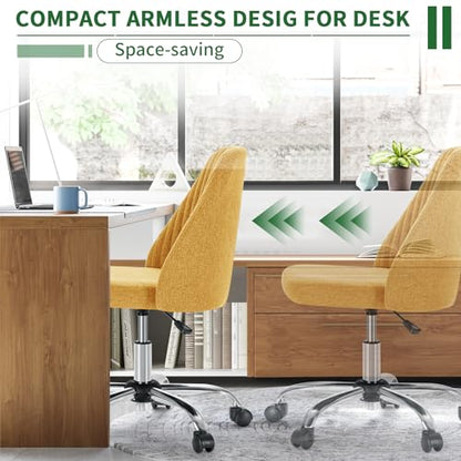 Armless Desk Chair with Comfortable Fabric Cover,Modern Home Office Chairs with Swivel Wheels for Computer Task Chairs Cute Vanity Chairs Adjustable Height for Living Room,Bed Room,Conference Office - color: Yellow