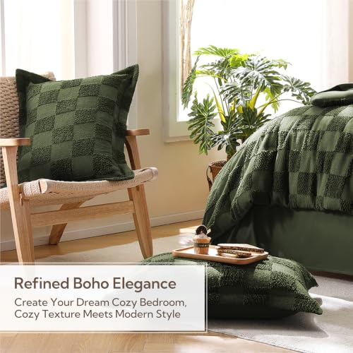 MR&HM 7 Pieces Comforter Set Full, Checkered Boho Bed Set Dark Olive Green | Farmhouse Vintage Bed with Plaid Geometric Design, All-Season Bed in A Bag Comforter with Sheets, Pillow Shams & Pillowcases - color: 4- Dark Olive Green- Checkered, size: Full