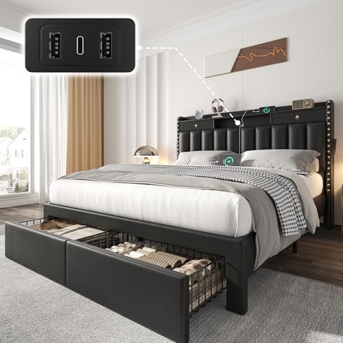CypBed Full Size Bed Frame with Headboard & 2 Storage Drawers &Black | Upholstered Platform Bed Frame with 3 USB & Type-C Charging Ports, Solid Wood Slats, No Box Spring Needed, No-Noise - color: Black, size: Full