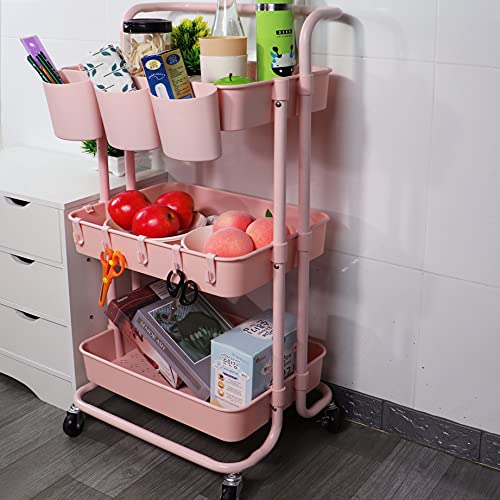 3 Tier Utility Rolling Cart Multifunction Organizer Shelf Storage Cart with 3 Pieces Cups and 8 Pieces Hooks for Home Kitchen Bathroom Laundry Room Office Store etc. (Pink) - color: Pink