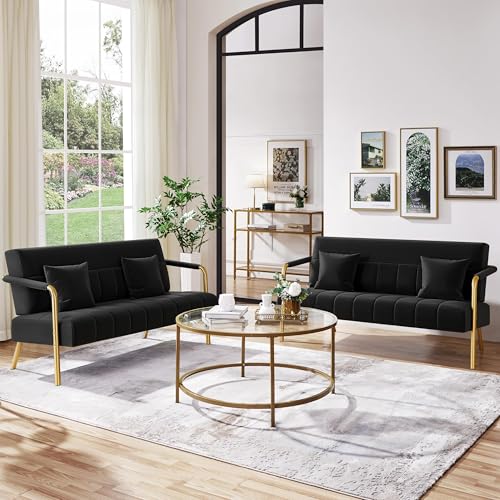 Yaheetech 56.5" Smal Sofa 2 Seater Couch with Gold-Tone Legs, Black | Small Sofa Loveseat Velve 2 Seater Couch with Tufted Back Gold Metal Frame 2 Pillows for Office, Studio,Living Room - color: Black, size: 56.5" W