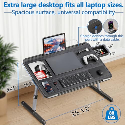 Potuopy Adjustable Laptop Lap Desk, Foldable Bed Table Tray Fit 17" Laptops | Portable Lap Desks for Adults with 8 Heights & Tilt & Storage, Computer Laptop Stand for Painting & Writing on Couch Recliner - color: Striped