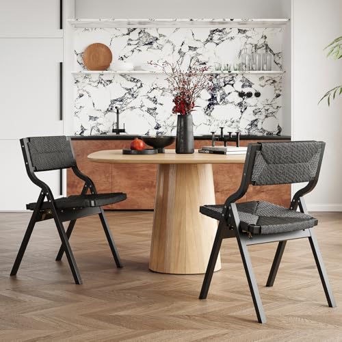 Wood Folding Chairs, Foldable Chairs Wooden Indoor Stackable Dining Chairs for Kitchen & Dining Room Chair Woven Seat & Webbing Back, Dining Chair Set of 2 - color: Black/Black, Woven Rope
