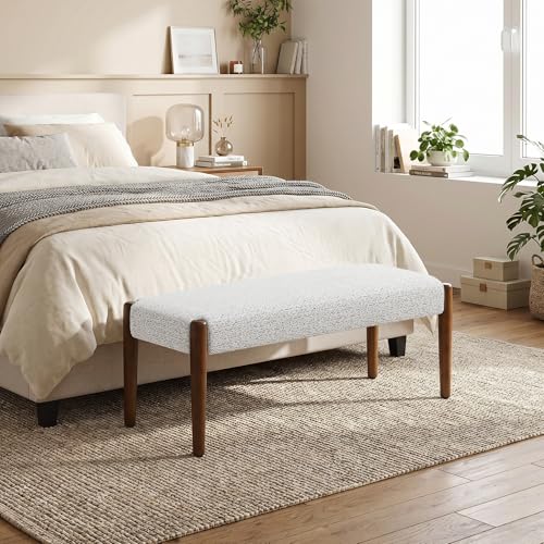 Usaint 42" End of Bed Bench with Wood Legs, Heathered White with Walnut Leg | Modern Upholstered Bedroom Bench with Rubberwood Legs, Entryway Bench with Cushion, Dining Bench for Living Room, Bedroom - color: Heathered Off-white With Walnut Leg