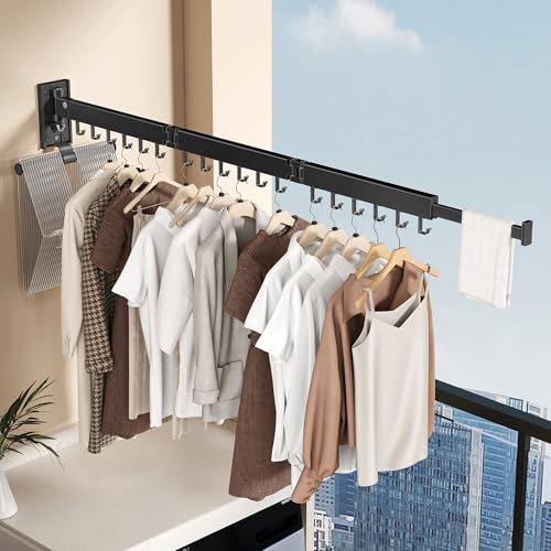 Wall Mounted Collapsible Clothes Drying Rack, Space-Saving Laundry Drying Rack Clothing Hanger, Durable Foldable Design Extends Left, Right & Up for Upgraded Versatility - style: Upgrde-Black Hooks