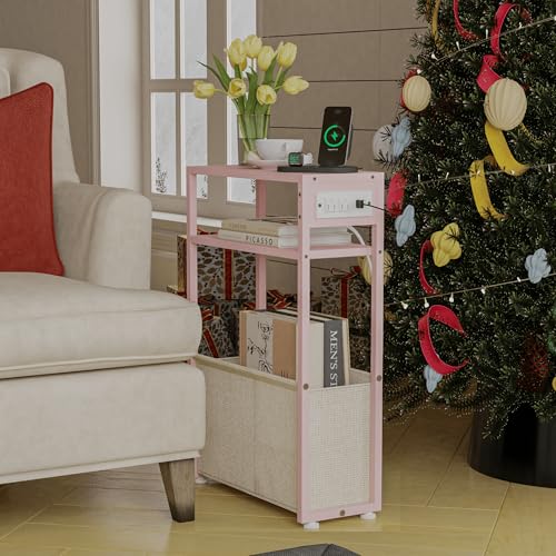 Leomonio Pink Side Table with Charging Station, Slim End Tables with Linen Basket, Skinny Table for Small Spaces, Thin Bedside Table for Living Room, Bedroom - color: Jelly Pink + Cream White - Outlet